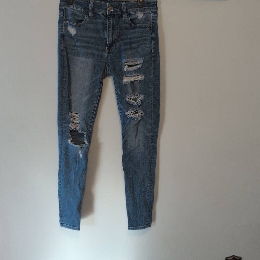 American Eagle Size 6 Super Stretch Jegging Skinny Jeans Dark Wash Destroyed